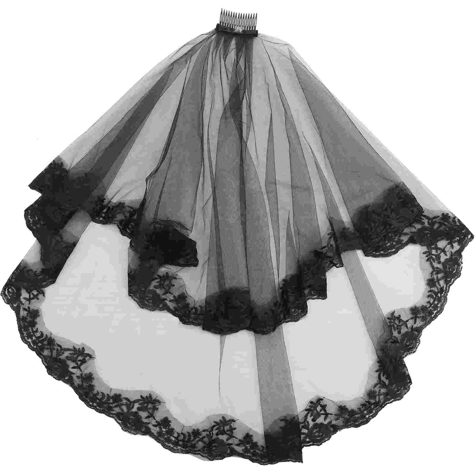 Black Lace Wedding Veil with Ribbon Border for Halloween Costume Decoration Studio Tool Decoration