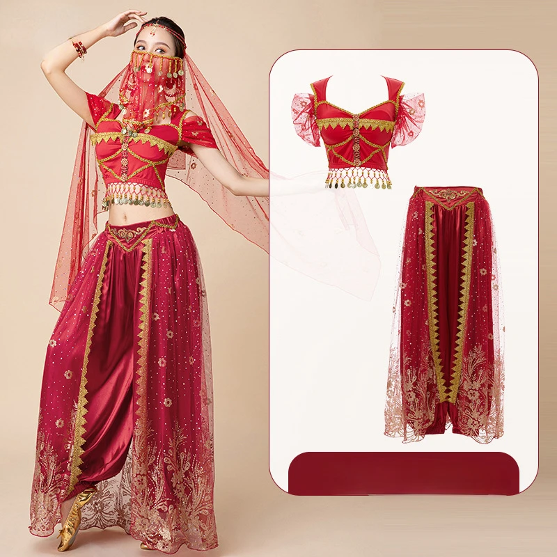 Women Dance Costume Halloween Costume Aladdin Jasmine Princess Belly Dance Practice Costume Han and Tang Chinese Style Performance Suit for Women