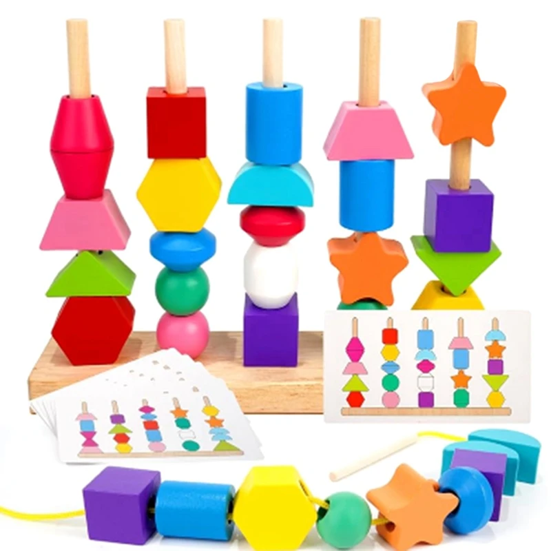 

Игровой набор из деревянных бусин и блоков: Премиум Развивающие игрушки для малышей 1-4 лет, прочные и простые в использовании