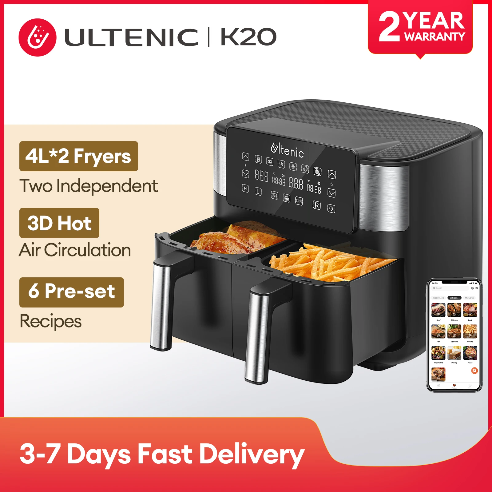 Ultenic K20 Electric Dual Air Fryers Without Oil 4L X 2 Large Capacity