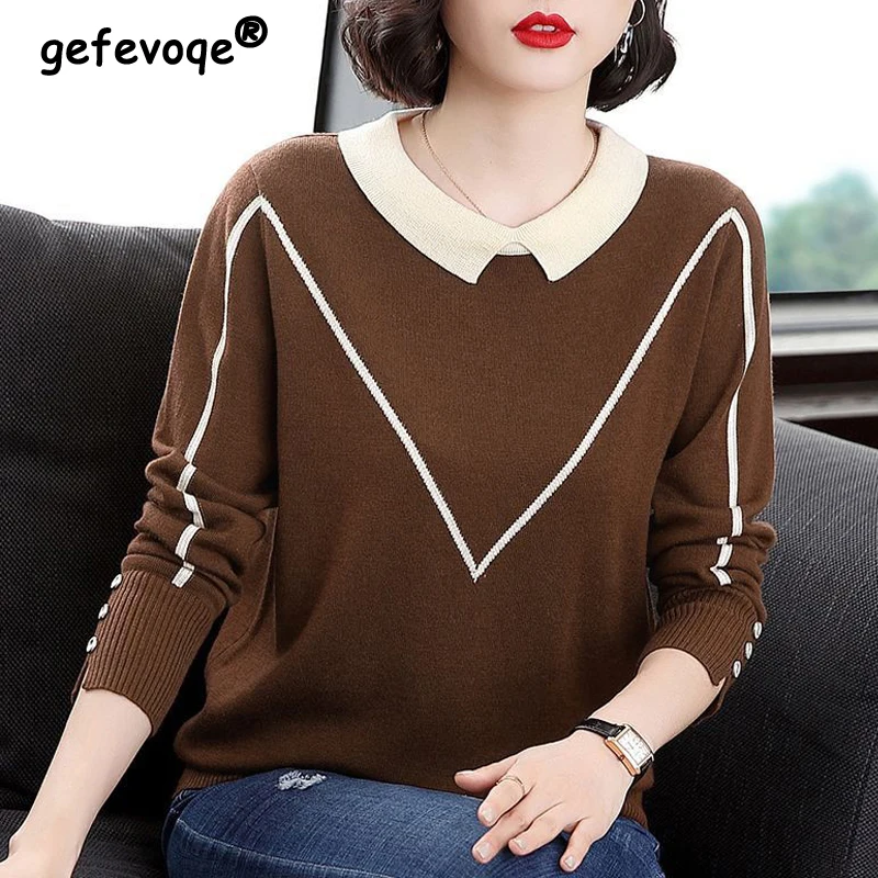 

Women Korean Fashion Patchwork Elegant Knitted Sweater Autumn Winter Long Sleeve Loose Pullover Tops Casual Jumper Ropa De Mujer