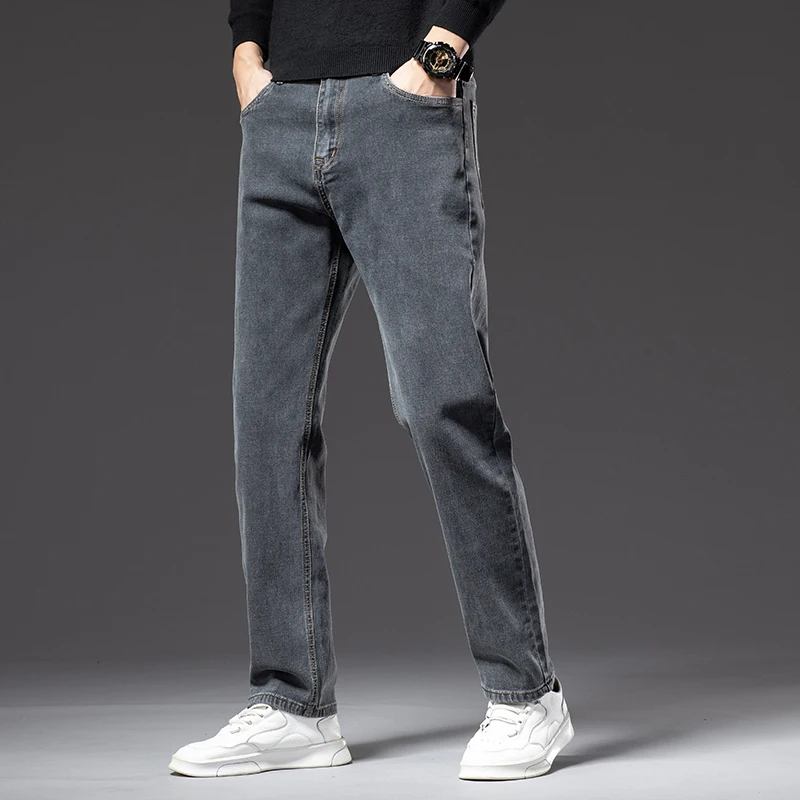 Plus Size 40 42 44 New Autumn Men's Blue-grey Straight-leg Jeans Business Casual Cotton Stretch Denim Pants Male Brand 2