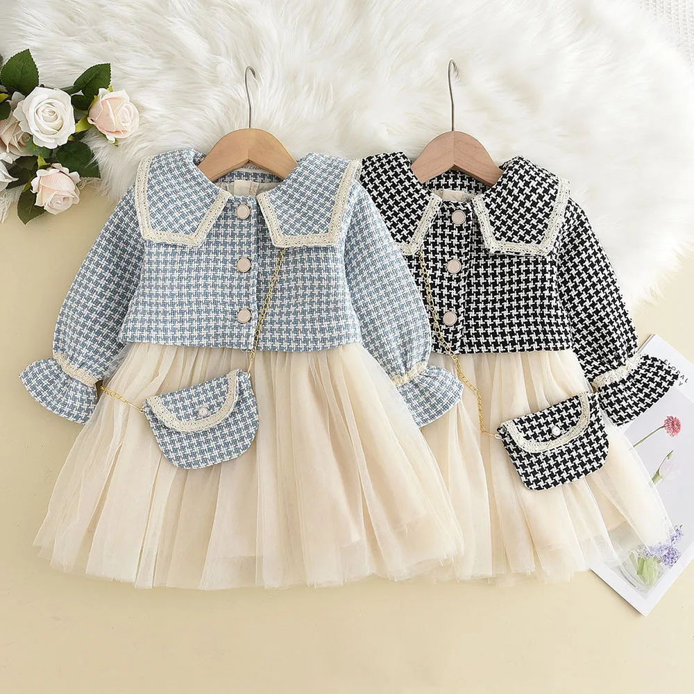 

Girls Clothes Set Spring Autumn Girls Plaid Vest Dress Retro Outwear Coat 2 Pcs Fashion Baby Party Dress with Bag Outfits