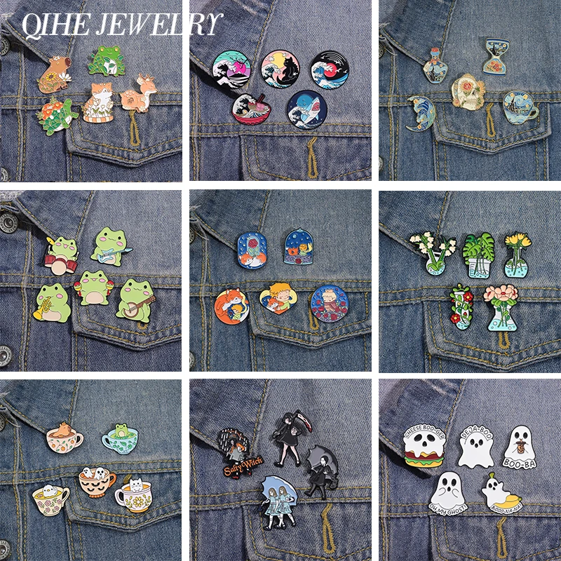 4-7pcs Sets Cartoon Anime Boy and Fox Enamel Pins Cowboy Girl Cute Animal Brooches Lapel Badge Art Oil Painting Jewelry Gifts