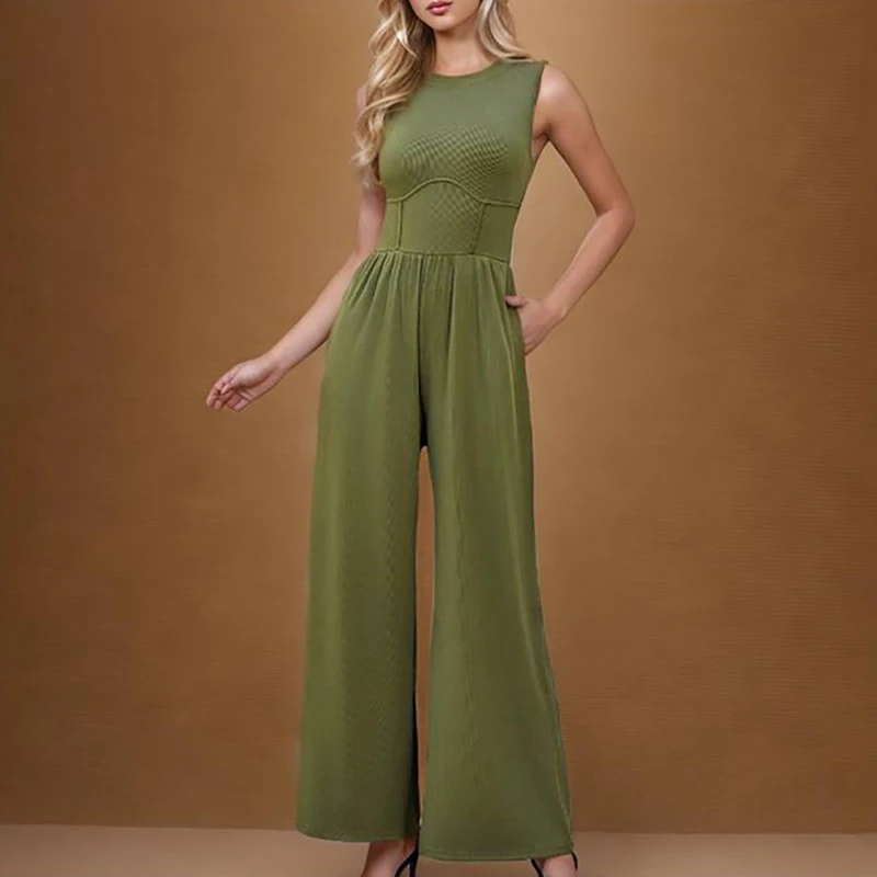 

Womens Summer Jumpsuits Dressy Casual Ribbed One Piece Outfits Sleeveless Tummy Control Wide Leg Pants Rompers