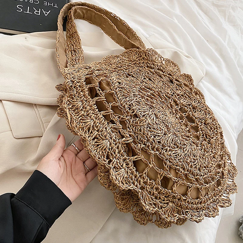 Hand-woven Round Straw Shoulder Bag Bohemian Summer Beach Bag