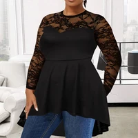 Plus Size Womens Solid Lace Long Sleeve Tunic Tops Spring Autumn Laides Asymmetrical Hem T Shirts Tee Pullover Size 1XL-6XL