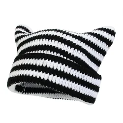 Chic Little Devil Striped Beanie with Cat Ears - Cozy Knit Wool Cap (Black and white)
