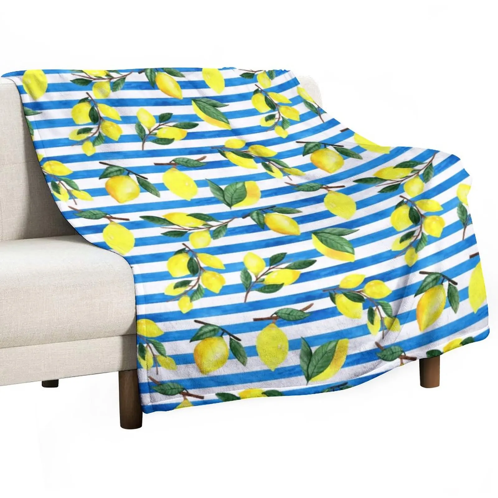 

Watercolor Fruit Flannel Blanket Quality Warm Lemons On Striped Print Throw Blanket Spring Camping Bedroom Pattern Bedspread