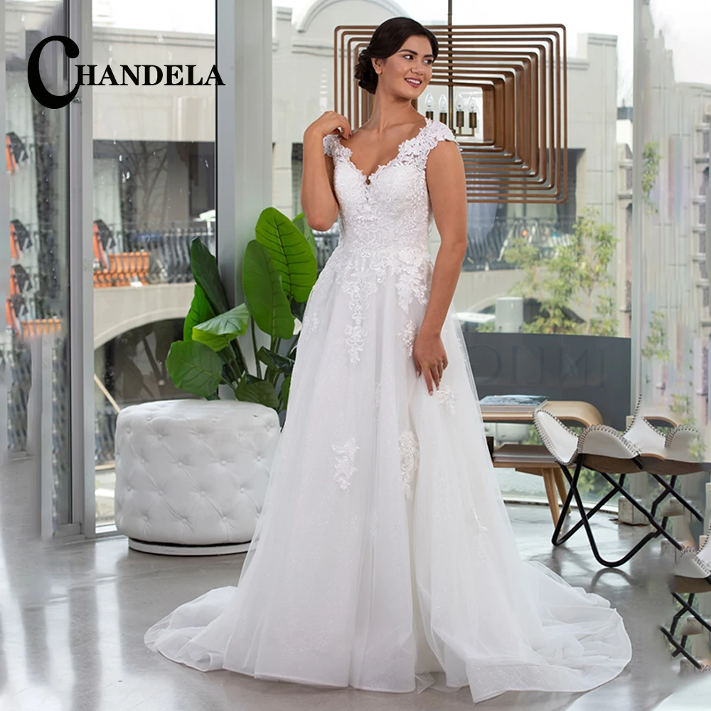 

CHANDELA Elegant Cap Sleeves Wedding Dresses for Women V Neck A Line Appliques Lace Corset Tulle Brush Train Robe De Mariee