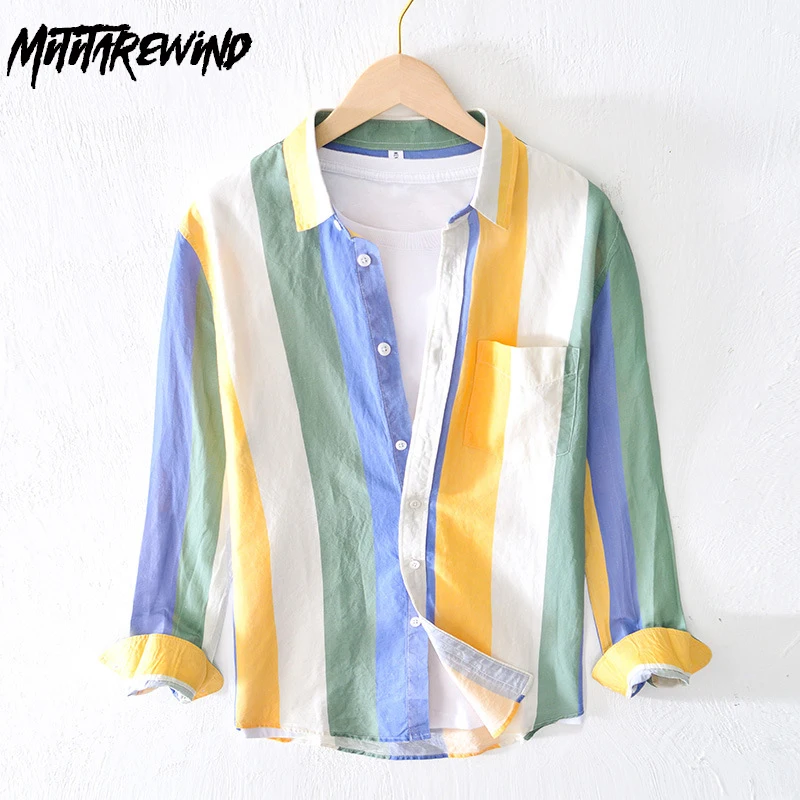 

Japanese Fresh Shirt Men High Street Long Sleeve Tops Linen Cotton Pocket Contrast Color Stripe Shirt Fashion Youth Men Clothing