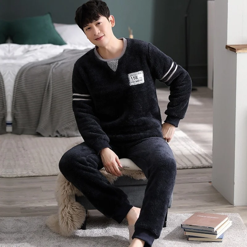 New Coral Velvet Pajamas Men's Winter Long Sleeve  Flannel Thickened Simple Leisure Warm Home Clothes