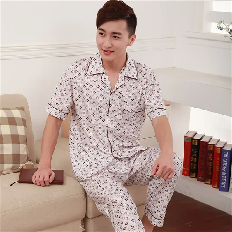 Summer Men's Thin Knitted Cotton Pajamas Short Sleeve Pants Fashion Loose Fit Casual Oversized Home Clothing Set