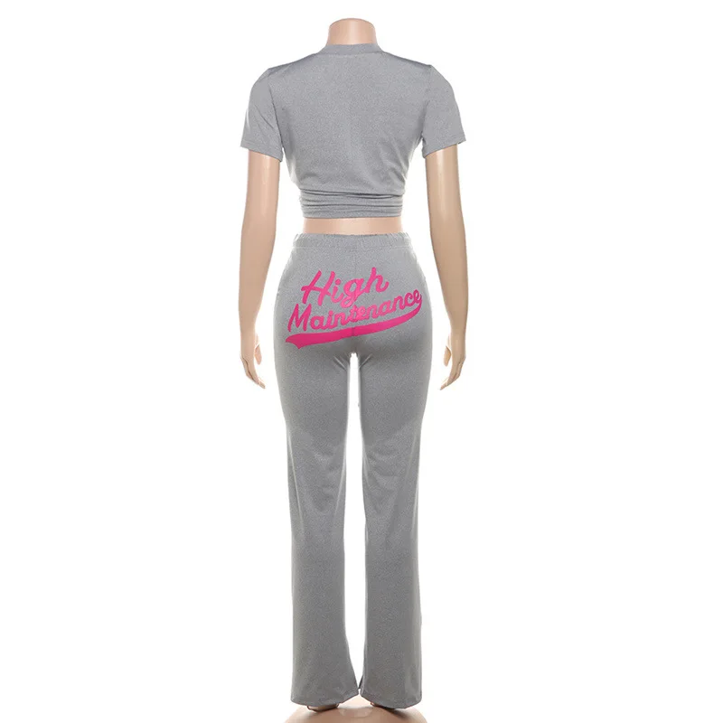 Letter Printed 2 Pieces Set Women Tracksuit 2024 Summer Short Sleeve Lace-up Crop Tops Drawstring Sweatpants Streetwear