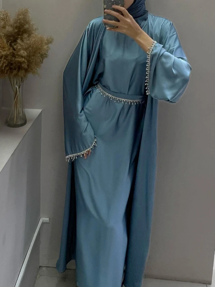 2 Piece Satin Beads Open Abaya + Inner Dress Matching Muslim Set Dubai Luxury Turkey Party Kaftan Kimono Ramadan Islamic Clothes