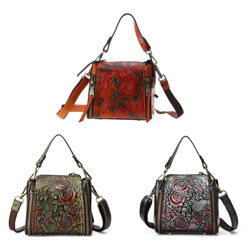 Vintage Women Flower Embossed Handbag Leather Crossbody Tote Shoulder Top E74B