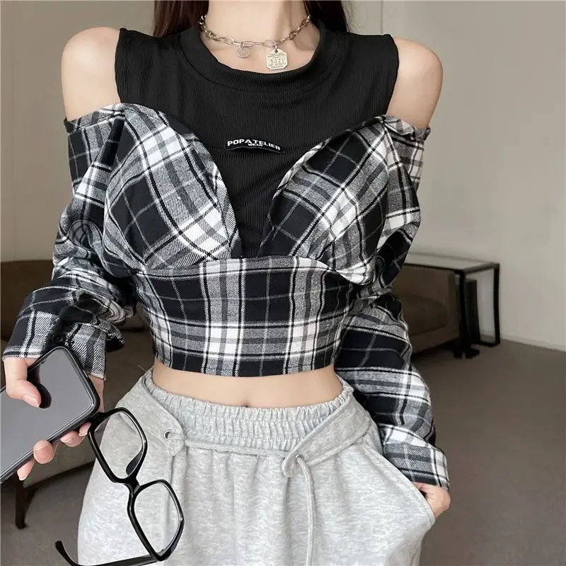 

Deeptown Women's Plaid Shirt Vintage Corset Cropped Top Female Off Shoulder Blouse Sexy Korean Fashion Long Sleeve Harajuku Chic