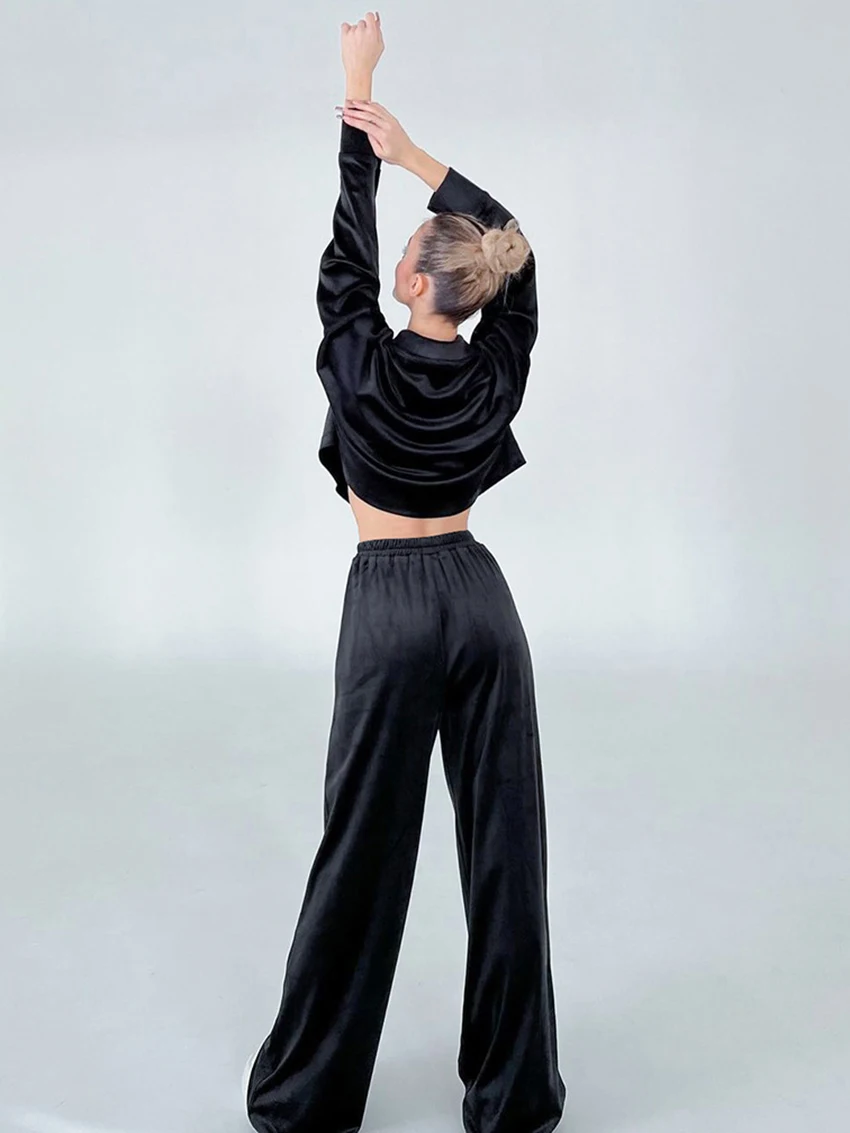 Marthaqiqi Casual Women Sleepwear Set Long Sleeve Nightie Crop Top Nightwear Turn-Down Collar Pajamas Pants Ladies Home Clothes