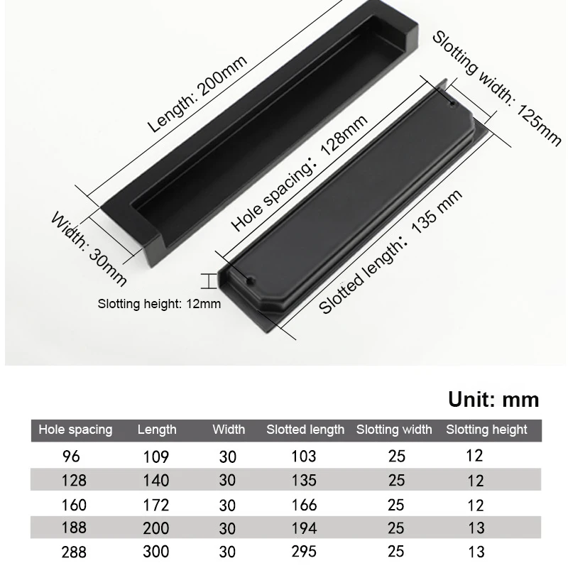 JUIDINTO 96-192mm 매립형 가구 서랍 손잡이 아연 합금 검정색 사각형 주방 캐비닛 손잡이 찬장 당겨 문 손잡이