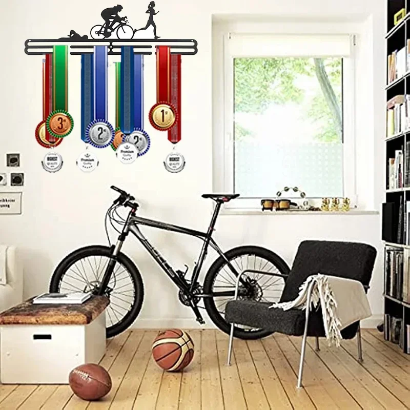 Premium Matt Black Metal Sports Medal and Football Display Rack Wall Mount
