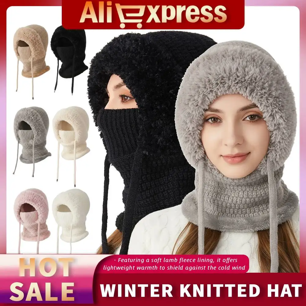 Women Fleece Lined Knit Hat Set Winter Warm Knitted Hat 3 in 1 Hooded One Piece Snow Cap W/Scarf & Mask for Cold Weather Protect