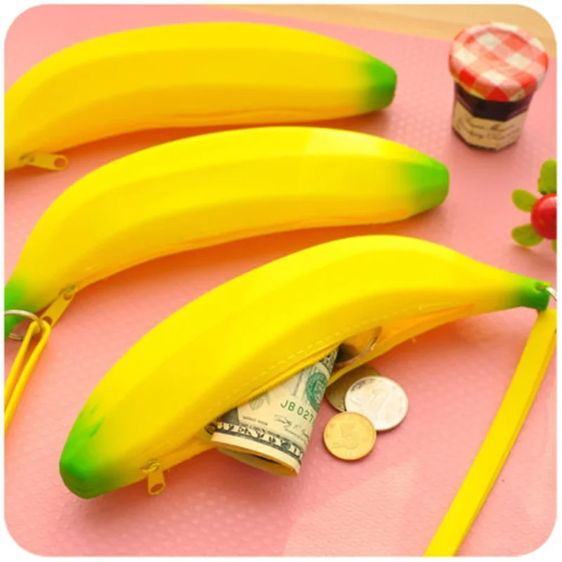 Novelty Funny Silicone Purses Multifunction Pencil Case Portable Yellow Banana Coin Purse Bag Wallet Key Bag Pouch