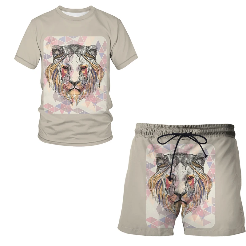 

Summer trend men's suit casual beach shorts suit Animal lion 3D printing short suit ordinary O-neck T-shirt 2-piece set