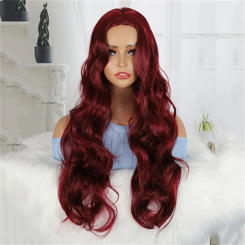 

Ocean Wave Soft 28" Long 5x5 Wine Red Silk Base Jewish Human Hair Wig With HD Lace European Hair Glueless Baby Hair Preplucked