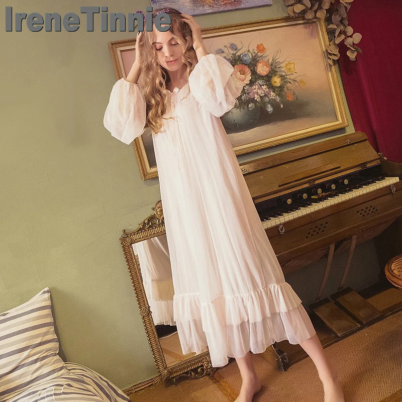 

IRENE TINNIE Autumn Women Large Size Vintage Mesh Nightgowns Long Sleeve Lace Nightdress Princess Sleepwear Victorian Nightwear