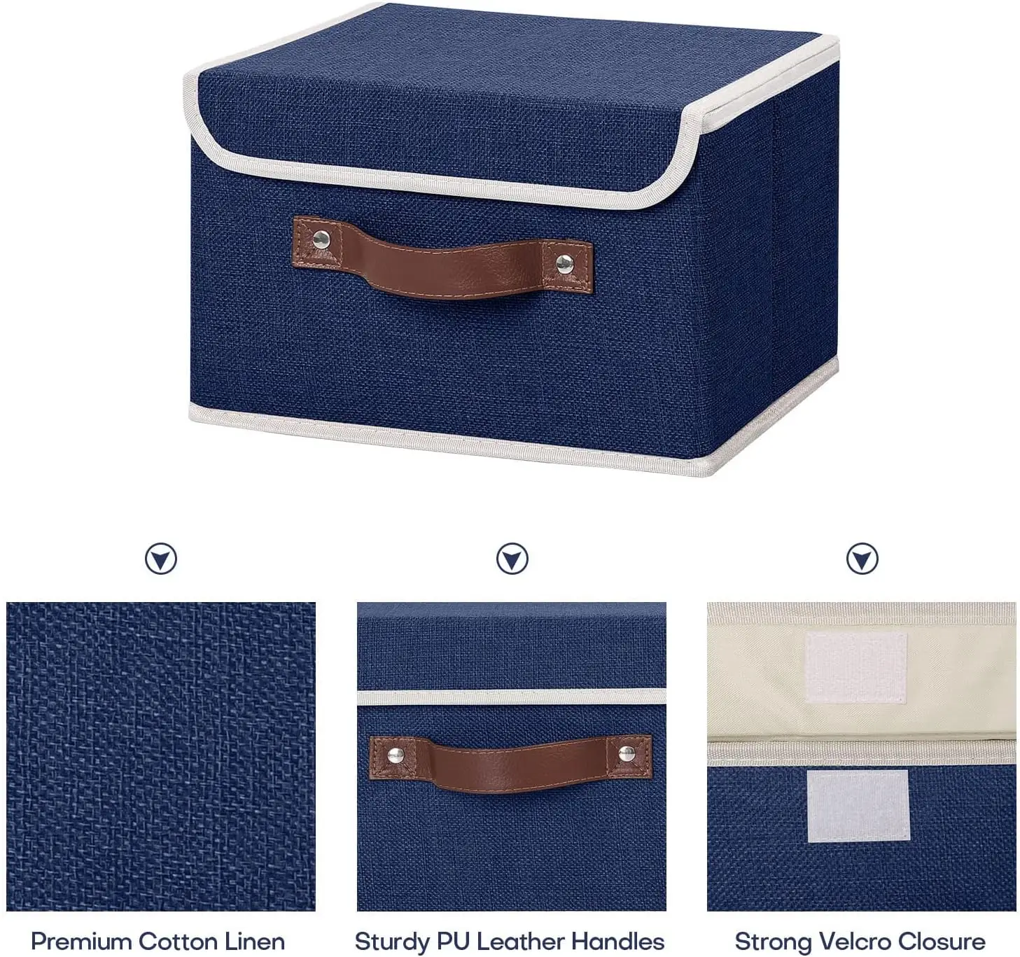 4PCS Storage Bins with Lid PU Leather Handles Storage Boxes PP Plastic Board Decorative Foldable Lidded Cotton Linen Fabric Home 3