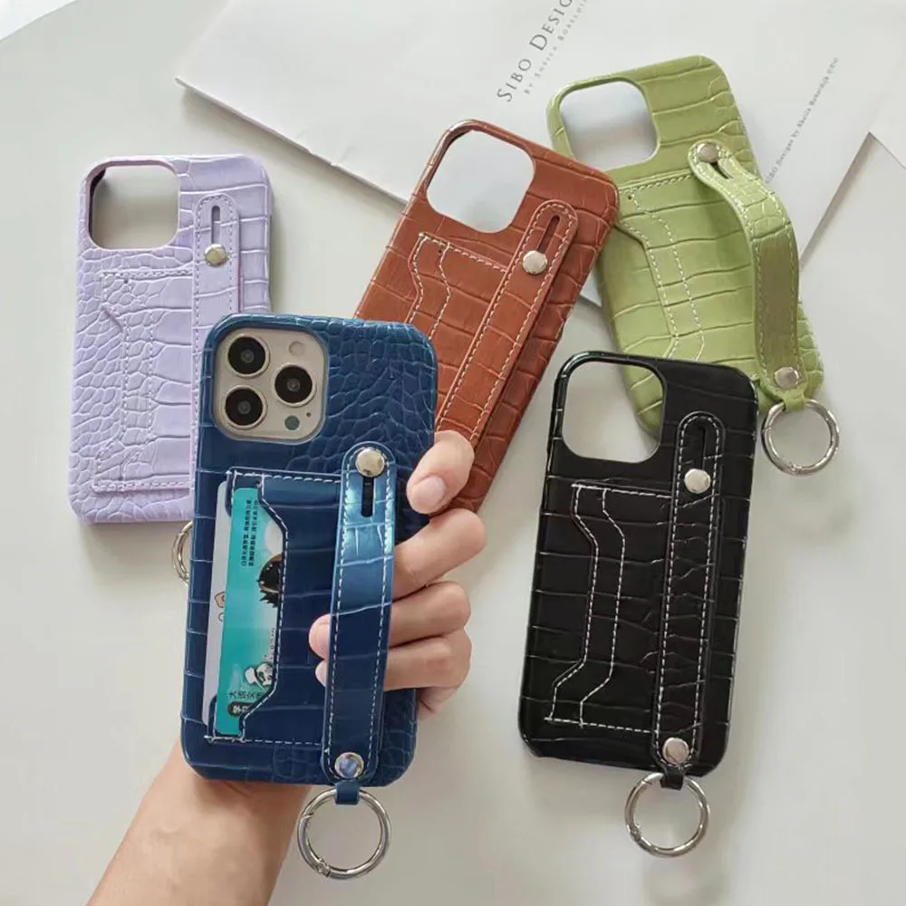 

Crocodile Pattern Suitable for iPhone 15promax Dual Card Phone Case 14pro 13 Ring 12 11 Wrist Strap Bracket Xsmax Leather Cover