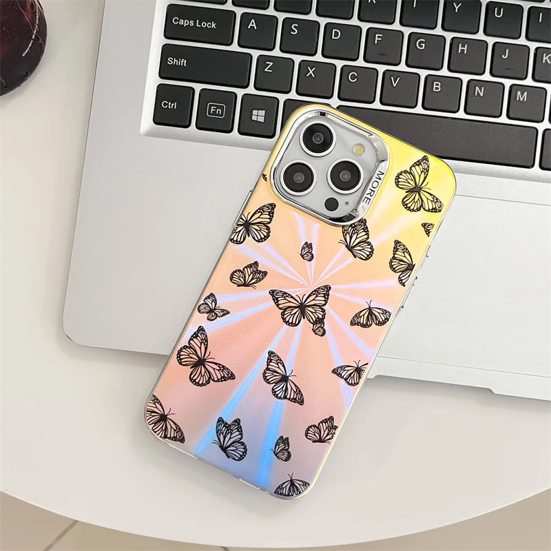 Coque de téléphone de luxe électroplaquée au laser papillon pour iPhone 16 15 14 13 Pro Max, coque arrière rigide antichoc en PC mat_voghion.com