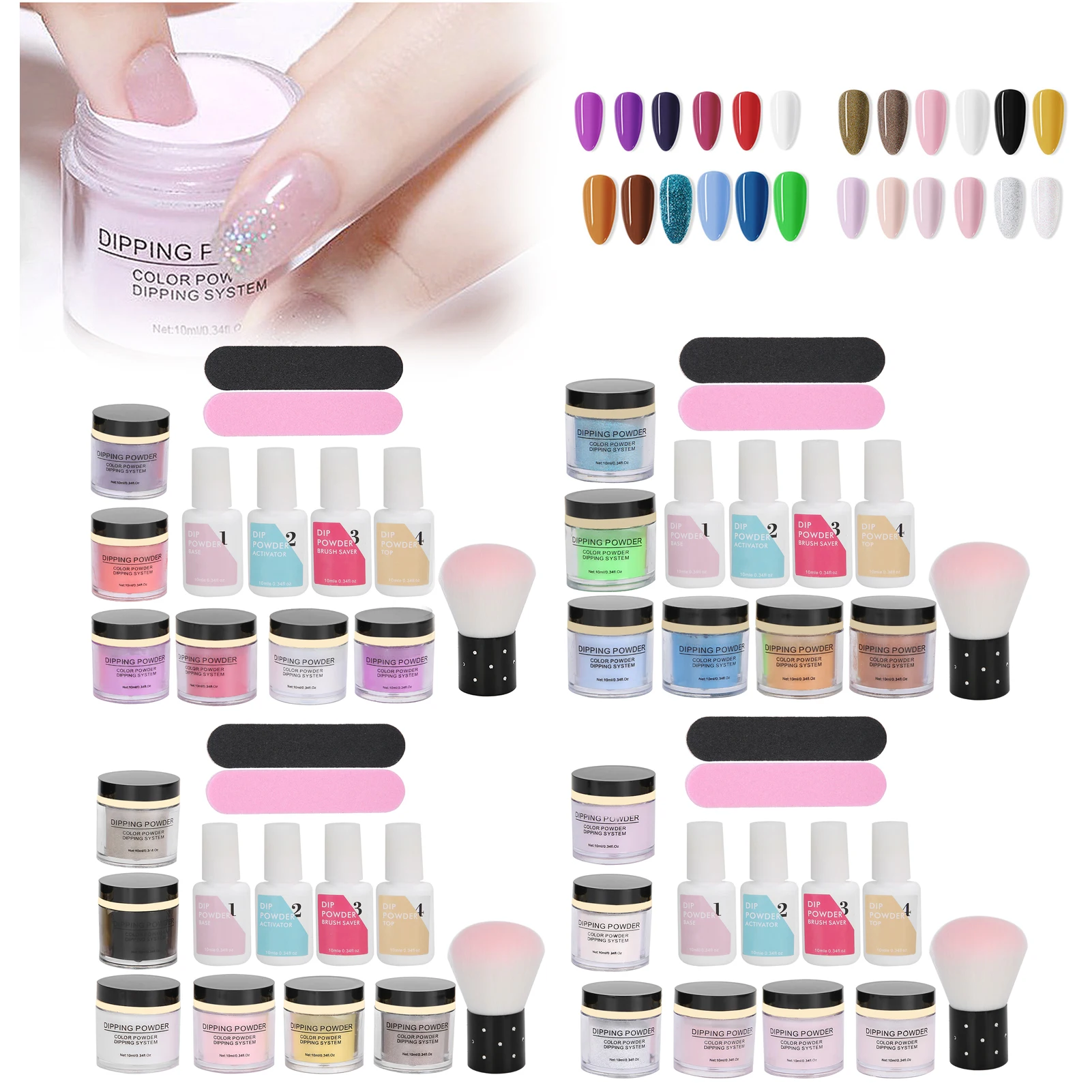Nail Dipping Powder Set with Top & Base Coat, Dust Brush, and Manicure Tools