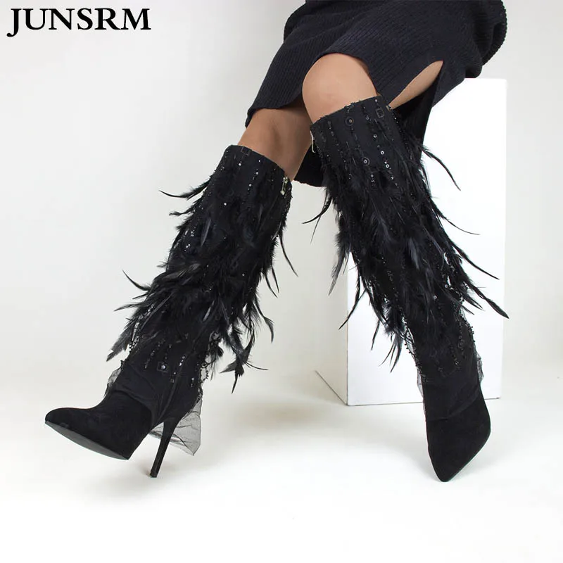 

Rhinestone Sequins Chain Embellished Knee Boots 2024 New Sexy Suede pointed Toe Stiletto Fashion Tassel Feather Designer Boots