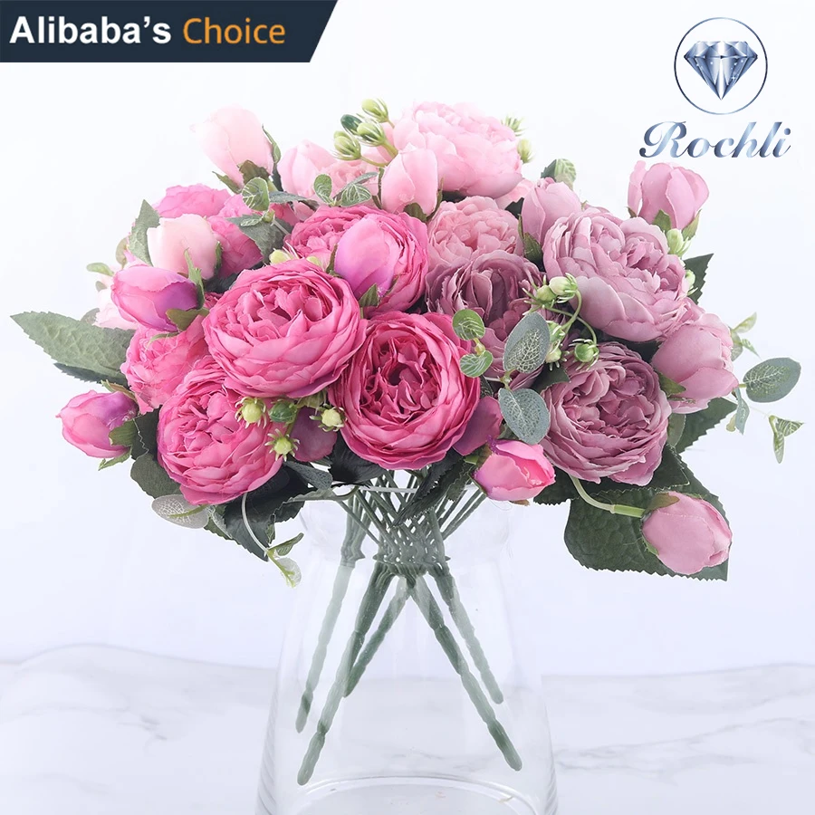 

Hot Sale Rose Pink Silk Peony Bouquet Artificial Flowers Cheap Flowers for Home Wedding Decorative Flowers