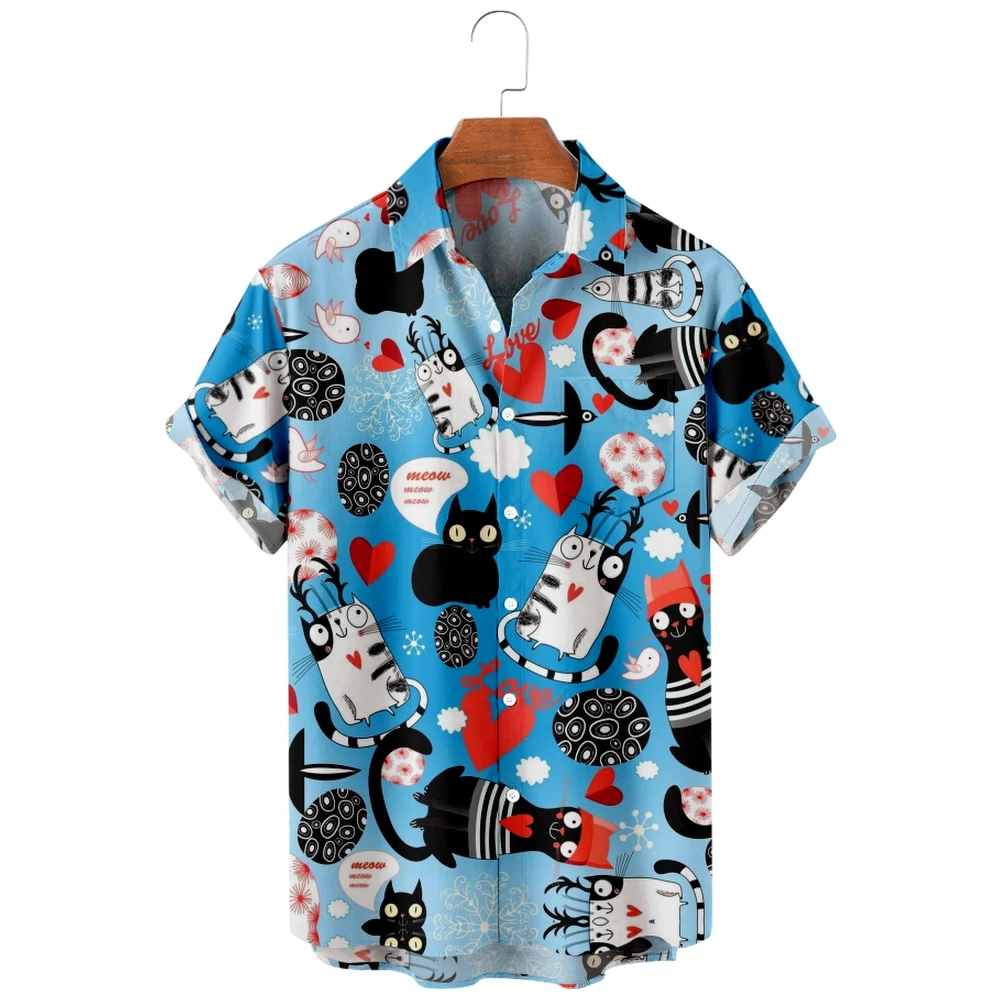 

2022 new men's casual breathable short sleeve top fashion Lapel men's shirt Hawaii with beach black cat
