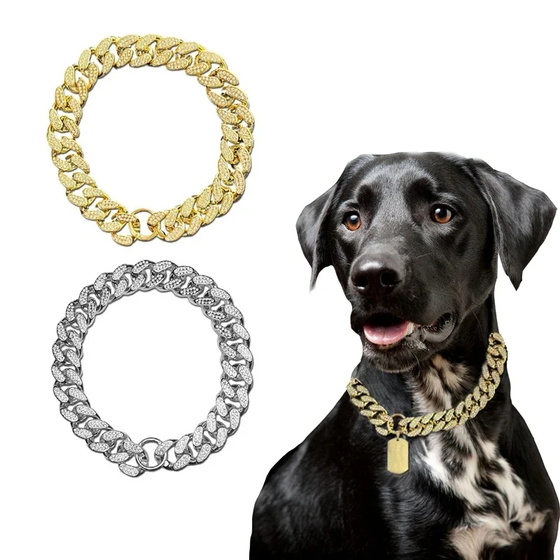 Plastic Rhinestone Dog Collar Luxury Golden Chain for French