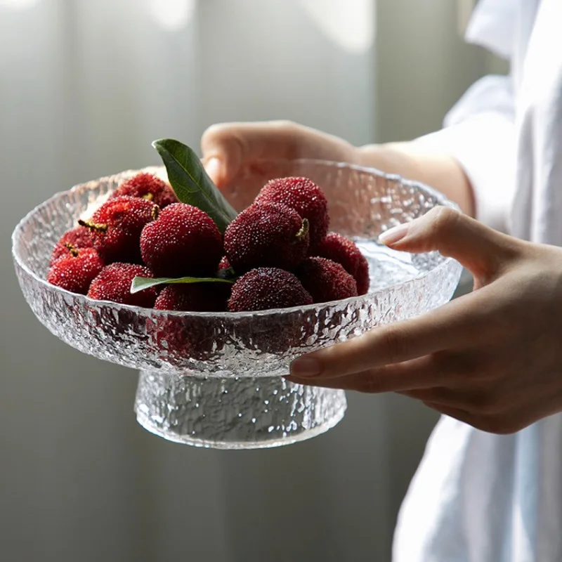 Hammered Pattern Glass round Exquisite Fruit Plate High-Grade Japanese Snacks Tray Minimalist Creative High-Legged Tea Plate 2