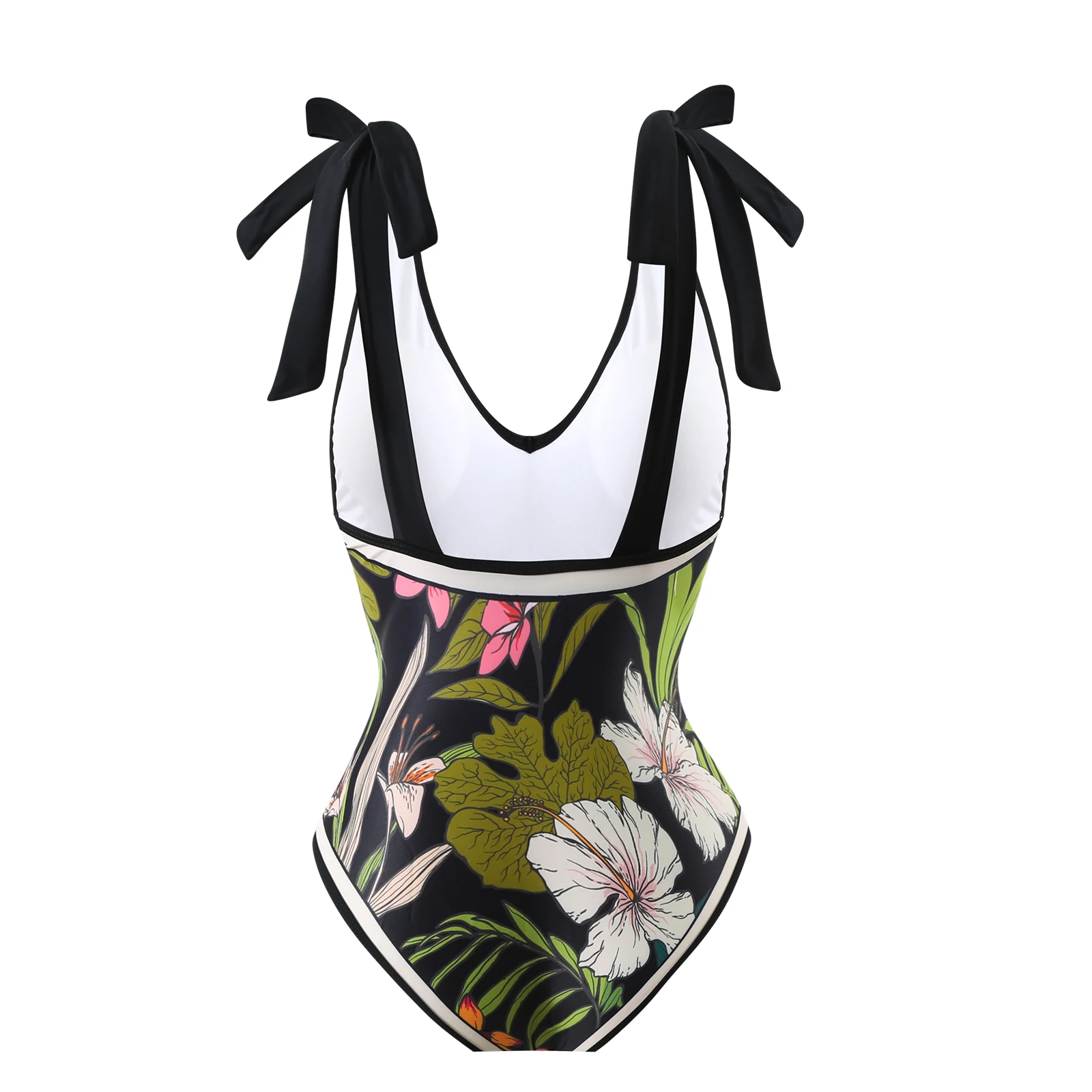SUNSIREN Vintage Print One-Piece Swimsuits Women Backless Deep V-Neck Swimwear Cover-Up Bowknot Push Up Bathing Suit Summer