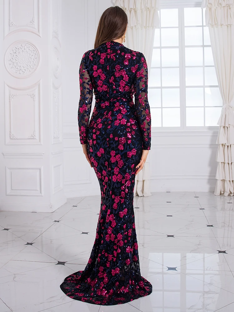 Full Sleeve Sequined Flowers Cocktail Prom Gown Bodycon Mermaid Evening Party Dress Women womens dress