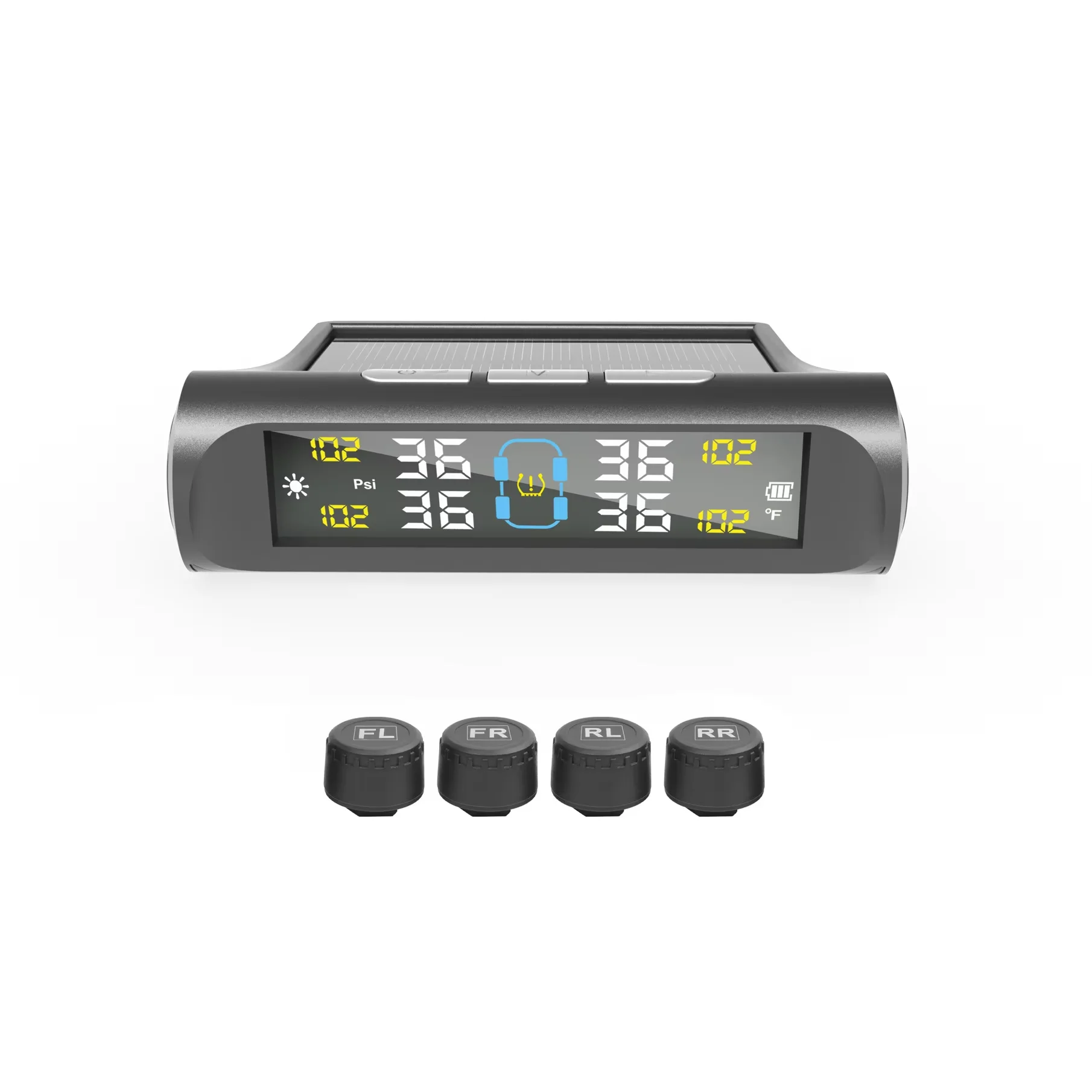Solar-Powered Car Tire Pressure Monitoring System with 4 External Sensors and Alarm