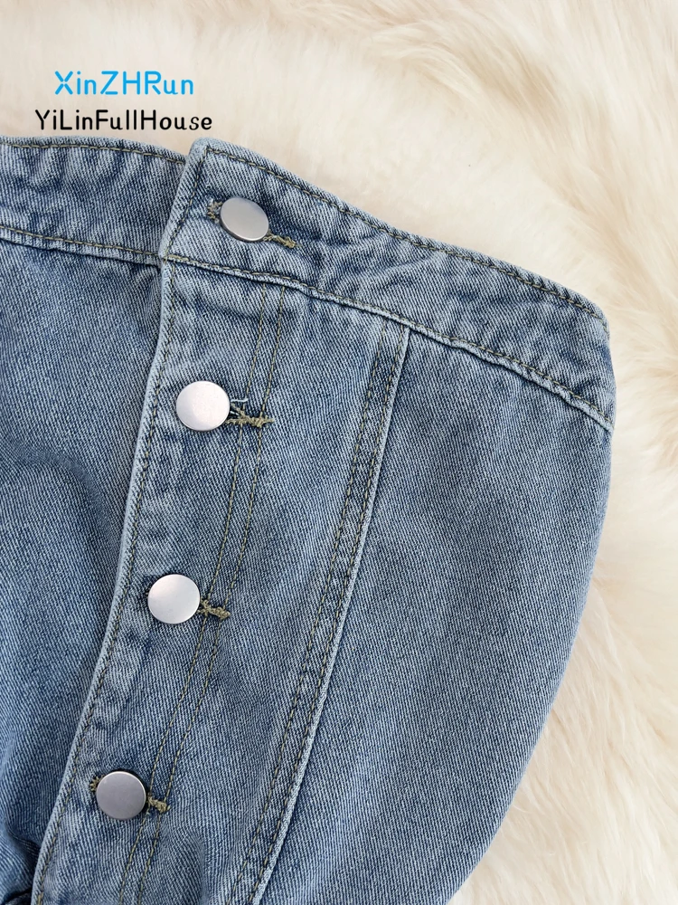 Summer Women Fashion Retro Bra Jumpsuit High Waist Open Back Sleeveless Single Breasted Denim Straight Through Wide Leg Jumpsuit
