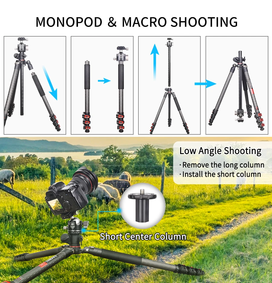 YT284C Professional Carbon Camera Tripod with rotatable multi-angle center colum