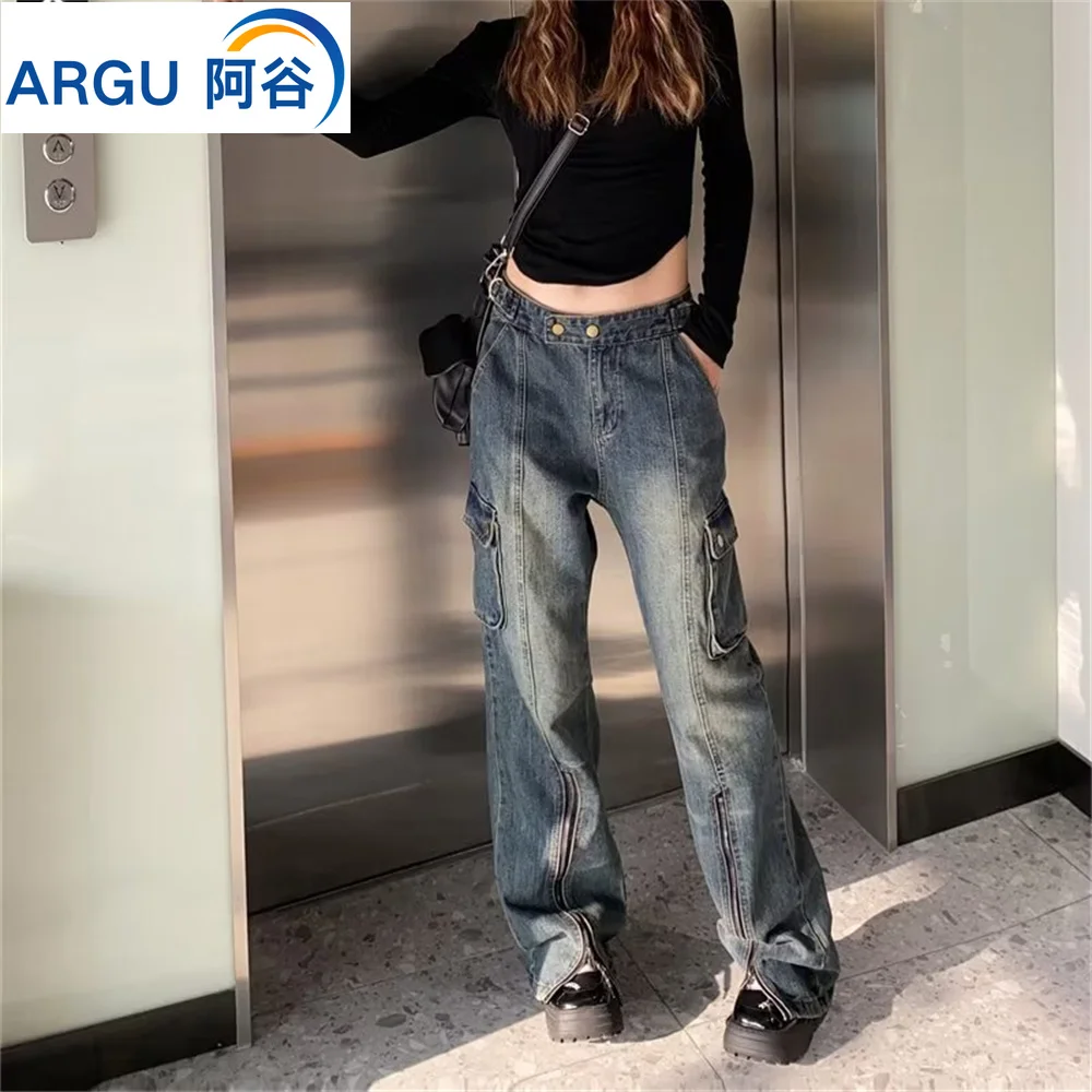 

Y2K Vintage Straight Jeans for Women Fashion American Style Pockets High Waist Baggy Denim Pants Spring Street Wide Leg Trouser