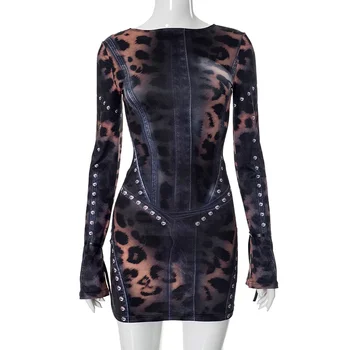 Women's Fashion Leopard Print Slim Flared Long-Sleeved Package Hip Short Skirt Dresses 5