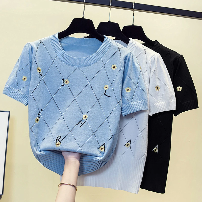 

Big Size Summer Short Sleeve Embroidery Pullover Women Sweater Knitted 2023 Sweaters Tops Korean Pull Femme Jumper Female