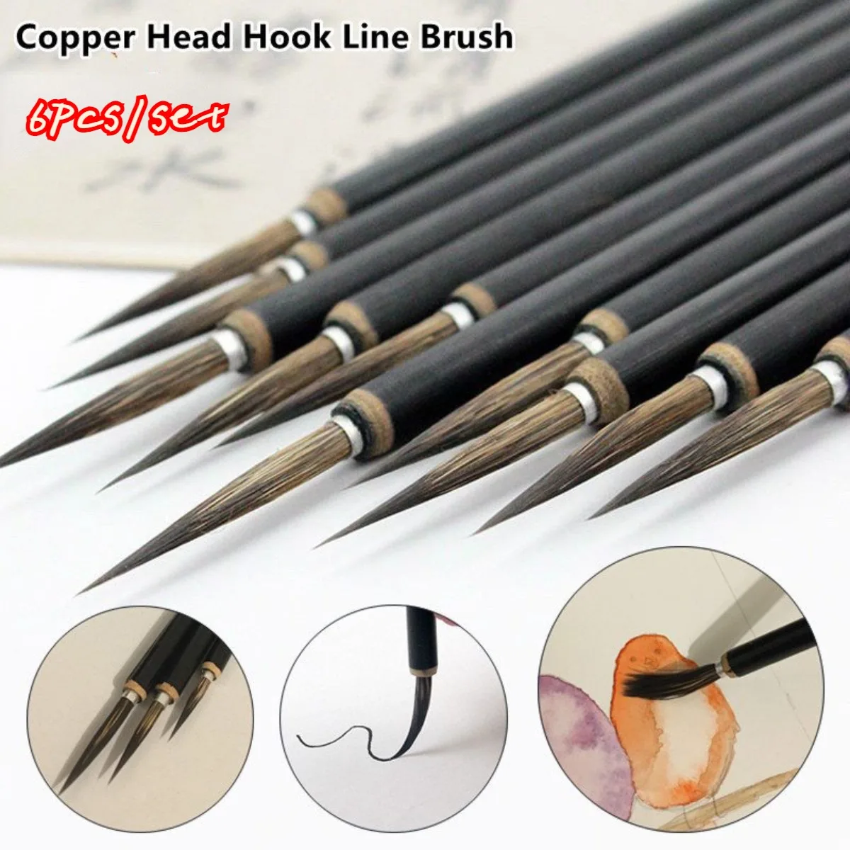 Pottery Tools 6Pcs Line Pen Copper Head Hook Calligraphy Brush Color Pottery Painting