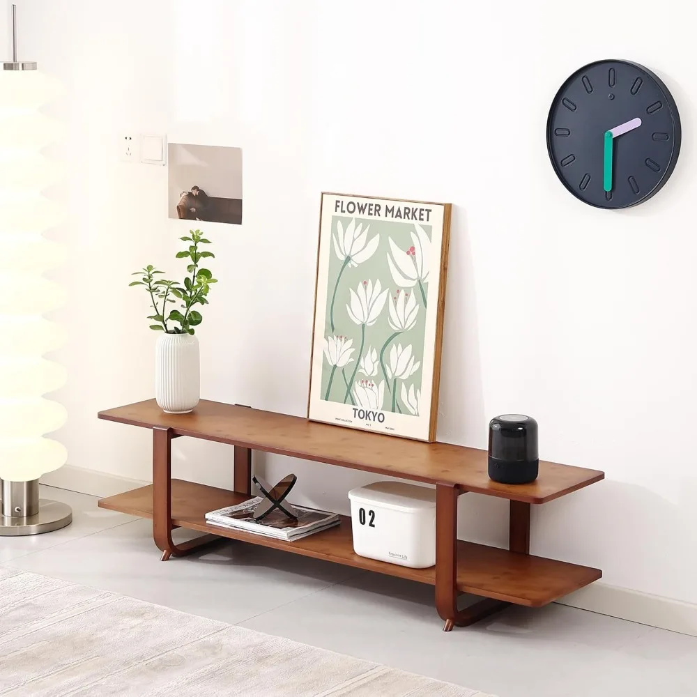 TV Stand with Storage for TVs up to 65'', Bamboo TVs Console Entertainment Center with 2 Open Shelf,TV Stand 2