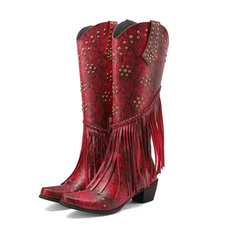Goth Curved Toe Gold Dark Red Women Winter Fringed Shoes Knee-high Western Cowboy Woman Boots With Tassels Metal Button Studded 4 Sb8963c9902fc4f918c461bea6ab94e91s