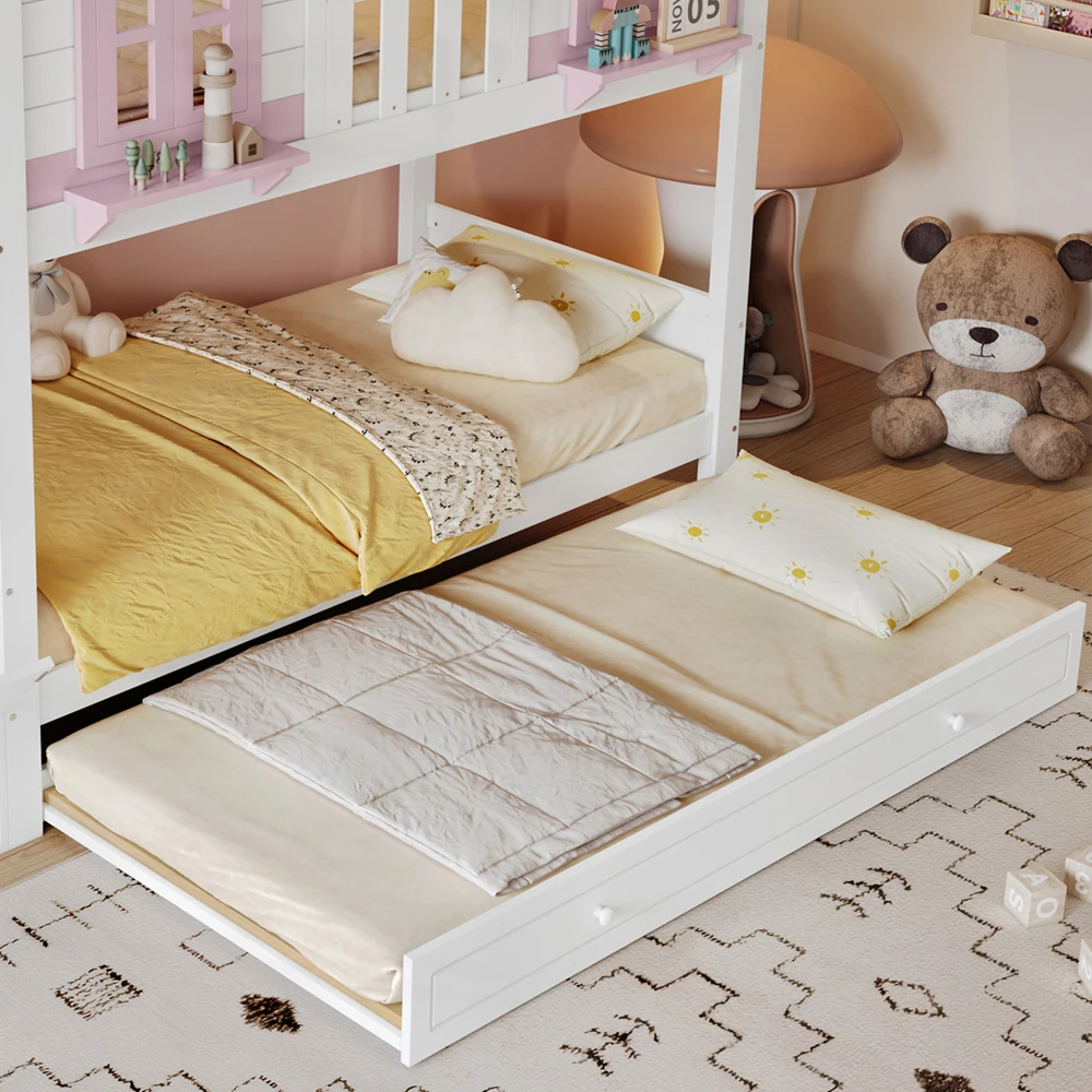 Modernes Kinder-Etagenbett mit Ausziehbarem Zusatzbett, Hängender Aufbewahrung, Niedlichem Fenster- & Dachdesign, Stabilem Lattenrost, 90x200cm – Detail 23